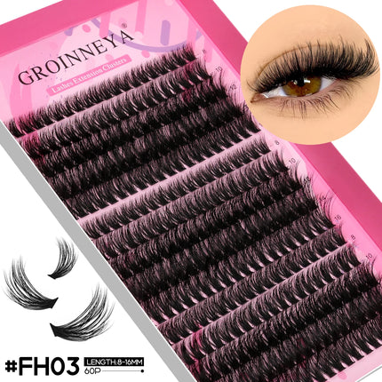 GROINNEYA Lash Clusters DIY Fluffy Lashes Mixed Tray Individual Lashes Natural Volume Cluster Eyelashes Extension Makeup