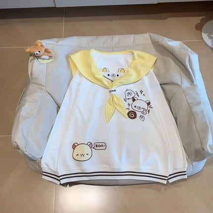 Japanese Cartoon Embroidery Women Hoddies Preppy Style Sailor Collar Autumn Hoody Jacket Y2k Aesthetic Grunge Pocket Sweatshirt