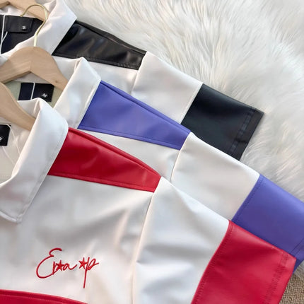 Splice Color Stripe Pu Leather Lapel Collar T Shirt Black Purple Red Polo Shirt Men Women High Quality Casual Short Sleeve Tops