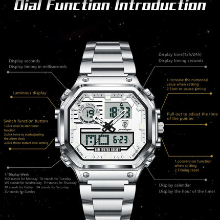 POEDAGAR Functional Men Wristwatch Waterproof Luminous Stainless Steel LED Man Watch Week Date Electronic Men's Quartz Watches