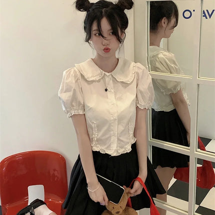 White Doll Collar Bubble Sleeve Shirt Women's Summer 2025 New Design Sweet Short Style Top Polyester Fabric Pure Color Fresh...