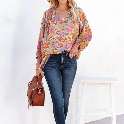 Plus Size Women's Shirt, Flower Print V-Neck Long Sleeves, Ruffled Collar Basic Style, Casual Vacation Lightweight Top