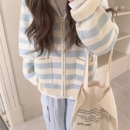New Thin Cream Stripe Zipper Hooded Coat Spring And Autumn Dressing Up Collection Casual Fashion Trends Versatile Lazy Wind