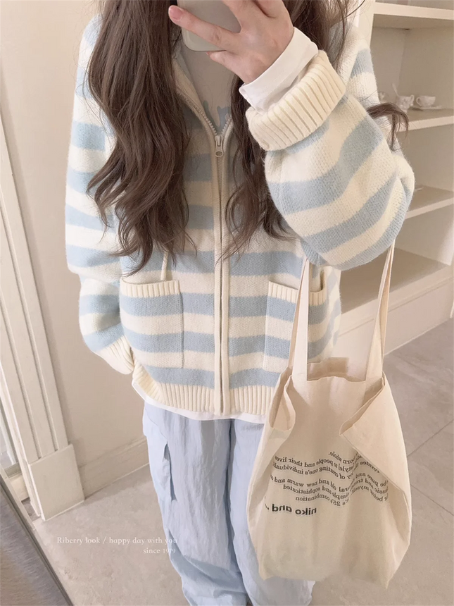 New Thin Cream Stripe Zipper Hooded Coat Spring And Autumn Dressing Up Collection Casual Fashion Trends Versatile Lazy Wind