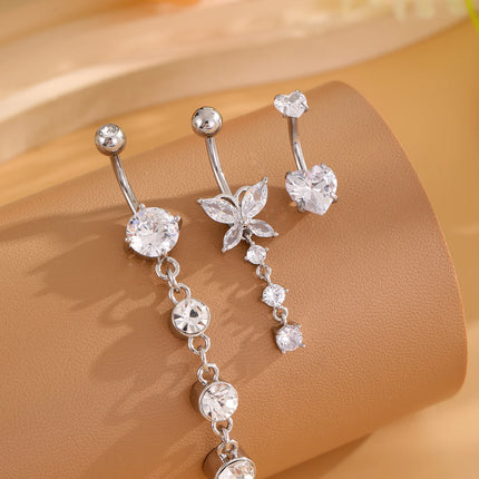 3-5pcs Mixed-Style Sets Heart Flower Dangle Belly Button Rings Stainless Steel Butterfly Curved Zircon Belly Piercing Navel Ring