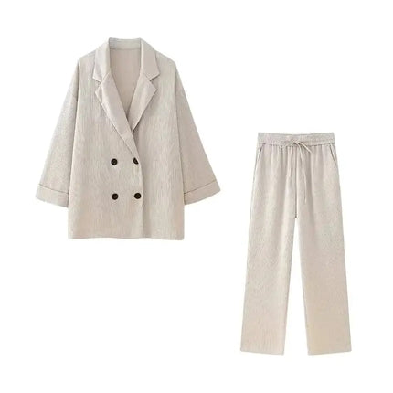 Women's Double-Breasted Loose Blazer Coat and High Elastic Waist Wide Leg Pants, Female Two Piece Sets, Fashion