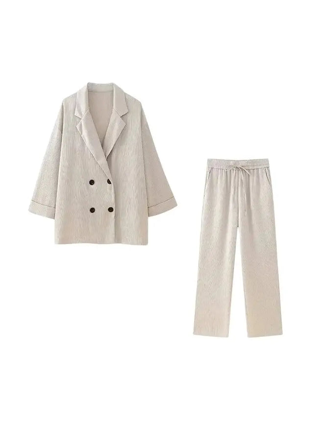 Women's Double-Breasted Loose Blazer Coat and High Elastic Waist Wide Leg Pants, Female Two Piece Sets, Fashion