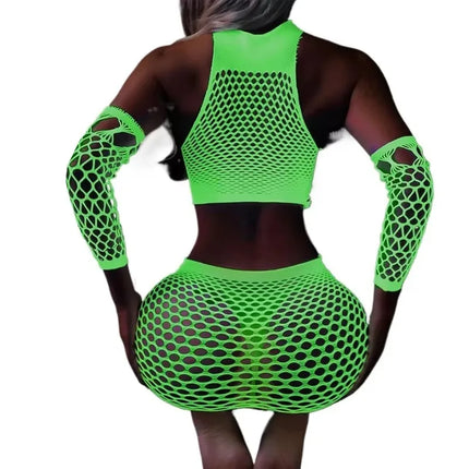 Fishing Net Transparent Women's Sexy Two Piece Set Fluorescent Open Crotch Bodystockings Dance Party Club Luminous Sex Clothes