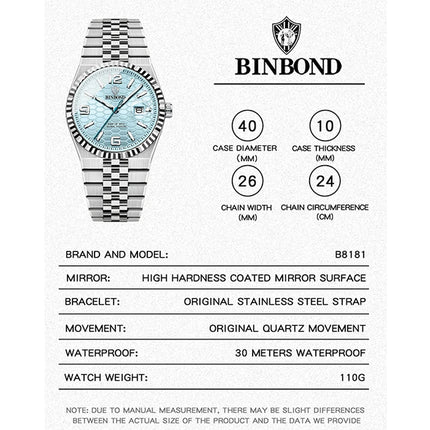 BINBOND Top Brand Quartz Watch For Men Luxury Stainless Steel Waterproof Luminous Watch Fashion Date Display Business Men Watch