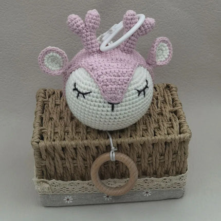 Handmade Crochet Bear Animal Head Knitting Rattle With Music DIY Baby Infant Newborn Teether Sensory Toy