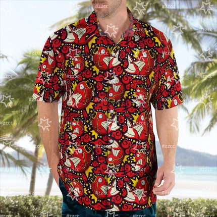 2026 Pokémon Printed Tropi Pokemon Magikarp Button Up Red Hawaiian Shirt Men's T-Shirt Children's Clothing Tee Y2k Woman