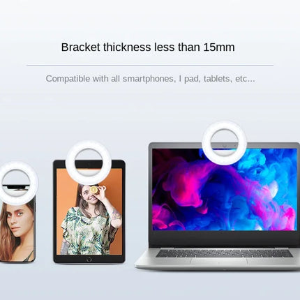 Ring Light Phone Selfie Stick LED Clip-on Rechargeable Round Lamp Live Stream for Smartphone Laptop IPad IPone