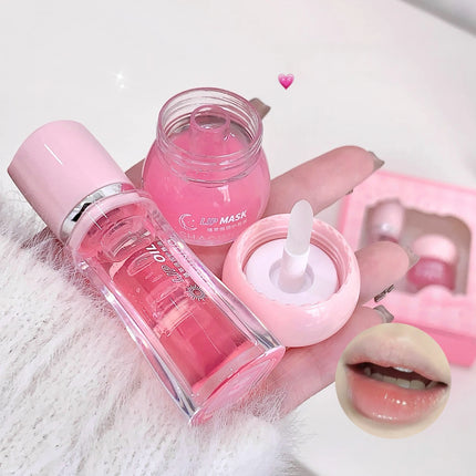 Strawberry Lip Balm & Lip Oil Set Clear Glass Moisturizing Lightweight Hydrating Jelly Day & Night Lip Mask Set Makeup Lips Care