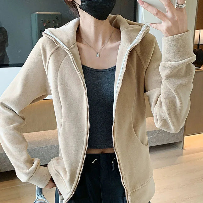 Hooded Zip-Up Sports Jacket Women 2025 Autumn Winter Fleece-Lined Thicken Hoodies Woman Solid Casual Loose Sweatshirts Cardigan
