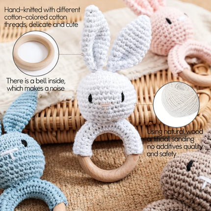 Wooden Baby Rattle Toy Handmade Crochet Sensory Toy for Newborn 0-3 Months,  Rabbit Rattle Toys Baby Gift Travel Accessories