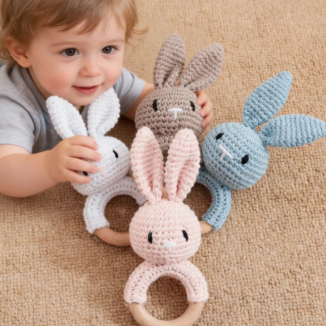 Wooden Baby Rattle Toy Handmade Crochet Sensory Toy for Newborn 0-3 Months,  Rabbit Rattle Toys Baby Gift Travel Accessories