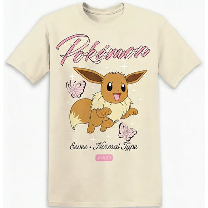 Bandai New Pokemon Genie Eevee Butterfly Print High Quality Fashion Men's Short Sleeve Parent-Child Loose Comfortable T-Shirt