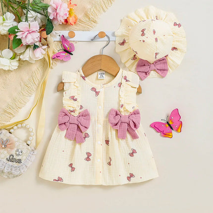 100% Cotton Newborn Baby Girl Dresses 0-9 Months Infant Cute bow print Dress +Hat 2PCS Set Summer Sweet Outfit Baby Clothing