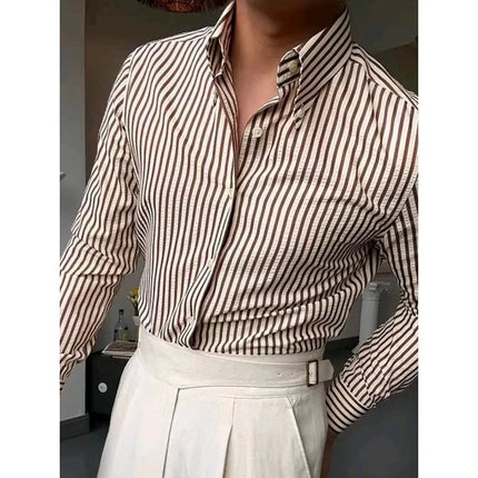 2025 Bubble Shirt Stripe Long Sleeve Men's Business Casual Neck Button Pointed Collar Autumn Fashion Versatile Shirt