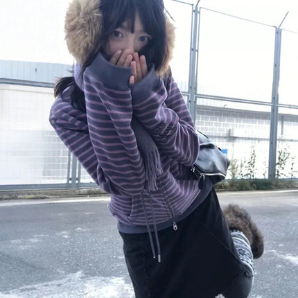 Japan Retro Harajuku Spring Autumn Y2K Purple Striped Cardigan Casual Street Women Coat Harajuku Punk Zipper Loose Sweatshirt