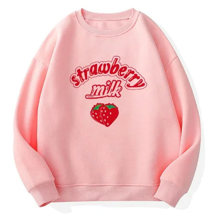 S-3XL Harajuku Kawaii Sweatshirt Strawberry Pink Sweatshirts Spring Kpop Korean Style Fleece Women Cute Top Outwear for Girls