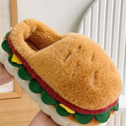 Creative Simulation Hamburger Slippers Women Men Funny Thick Sole Plush Shoes Non-Slip Soft Bottom 3D Cartoon Slides Indoor Home