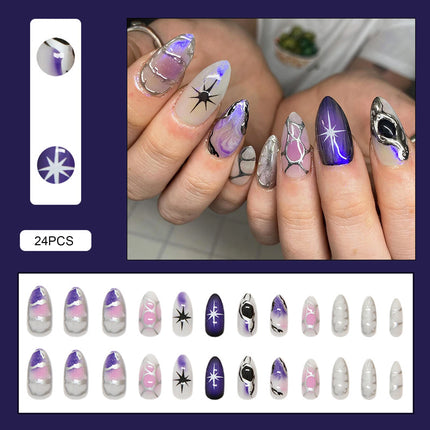 24pcs Romantic Y2k Star Press On Nails Gradient Blue French Style Gold Moon Designs Fake Nail Sweet Almond False Nails For Women