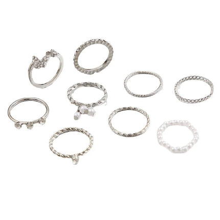 10Pcs Imitation Pearl Leaf Flower Rings Set For Women Rhinestone Butterfly Finger Ring Metal Knuckle Finger Ring Jewelry