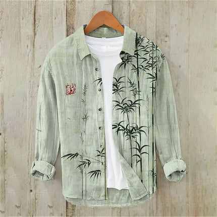 Men's Long Sleeve Shirt Japanese Fashion Art Bamboo Illustration High Quality Large Size Men's Clothing