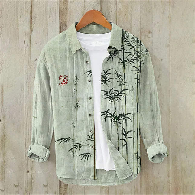 Men's Long Sleeve Shirt Japanese Fashion Art Bamboo Illustration High Quality Large Size Men's Clothing
