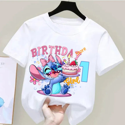 Lilo & Stitch Birthday Tee Kids 1st to 9th Year Cartoon Print Round Neck Cotton Shirt Unisex Toddler Party Outfit