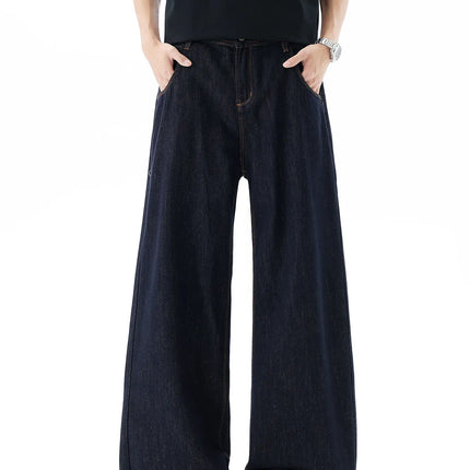 Men's Washed Vintage Blue Wideleg Jeans Spring Summer American Retro Denim Pants Loose Straight Trousers