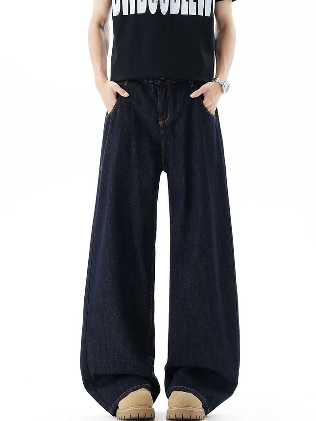 Men's Washed Vintage Blue Wideleg Jeans Spring Summer American Retro Denim Pants Loose Straight Trousers