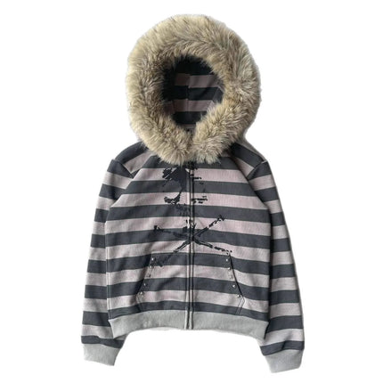 New American loose hooded sports hoodie with striped print for autumn and winter 2026, women's fur collar long sleeved hoodie