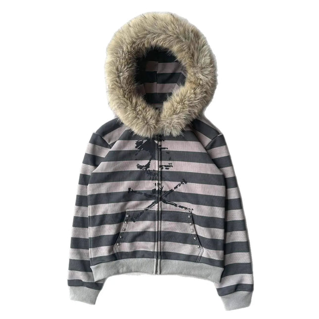 New American loose hooded sports hoodie with striped print for autumn and winter 2026, women's fur collar long sleeved hoodie