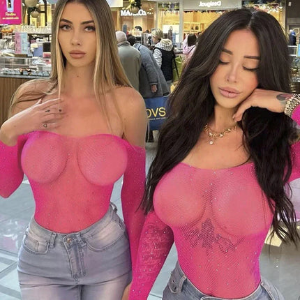 Sexy One-piece Lingerie Bodysuit Women Bra Set Rhinestone Underwear Hot Transparent Open Strapless Erotic Mesh Bras Long Sleeve