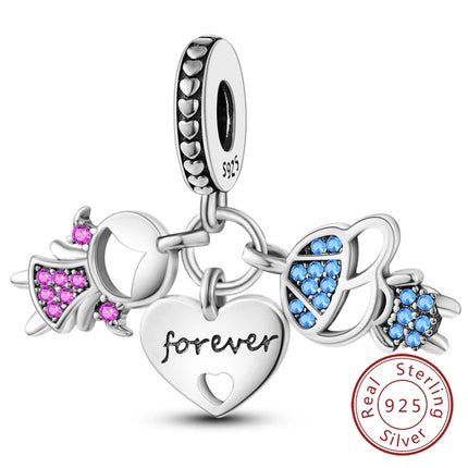 Original 925 Sterling Silver Charm Beads Love Heart Family Charms Pendant Fit Bracelet Charm Women DIY Jewelry Gift