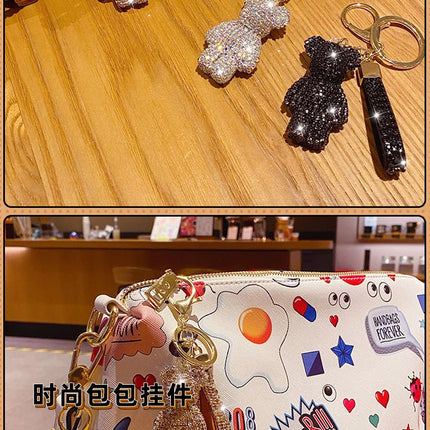 Cute Rhinestones Tassel Bear Keychain Couple Keychain Girl Decoration Small Pendant Car Key Ring Student Bag Pendant