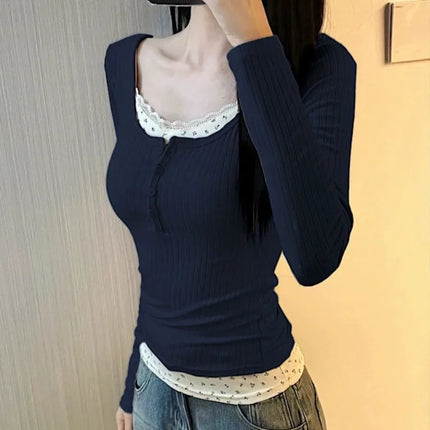 Women's Streetwear Fake Two-Piece Long Sleeve T-shirt Floral Lace Trim Casual Slim Fit Tees Female Autumn Winter Bottoming Top