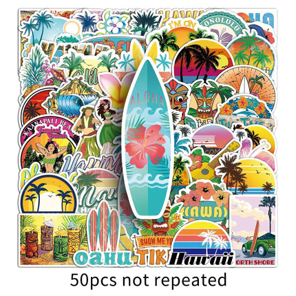 50PCS Outdoor Hawaii Surfing Stickers Summer Tropical Beach Surfing Waterproof DIY Surfboard Skateboard Phone Cup Kid Toys Gift