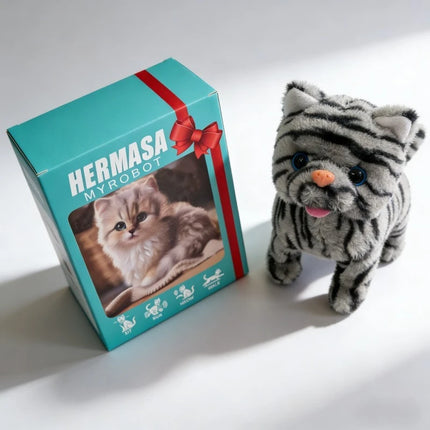 2026 Walking Meowing E-Cat Toy Realistic Fluffy Kitten W/6 Sounds, Auto-Running Pet Simulator Christmas Gift