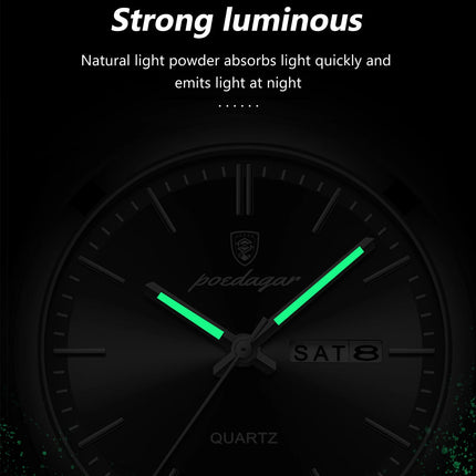POEDAGAR Luxury Men's Quartz Wristwatch Waterproof Luminous Date Week Man Watch Stainless Steel Business Fashion Watches For Men