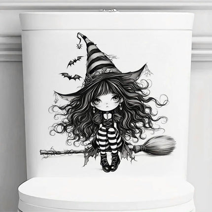 Whimsical Black Witch Self-Adhesive Wall Decal - Removable, Reusable PVC Sticker for Bathroom, Kitchen & Living Room Decor