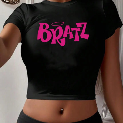 Personality Womens Crop T-Shirt Y2K Pink Bratz Letter Prints Short Sleeve High Elastic Soft O-Neck Tees Sexy Club Female Clothes