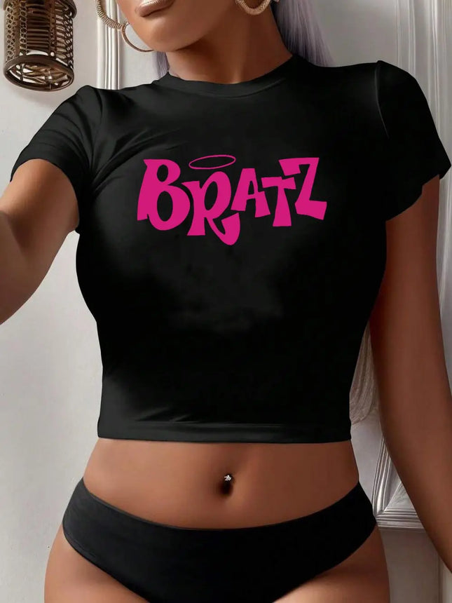 Personality Womens Crop T-Shirt Y2K Pink Bratz Letter Prints Short Sleeve High Elastic Soft O-Neck Tees Sexy Club Female Clothes