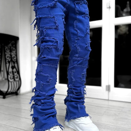 new Patch denim straight-leg pants retro jeans street fashion ins explosive style elastic new men's fashion retro denim trousers