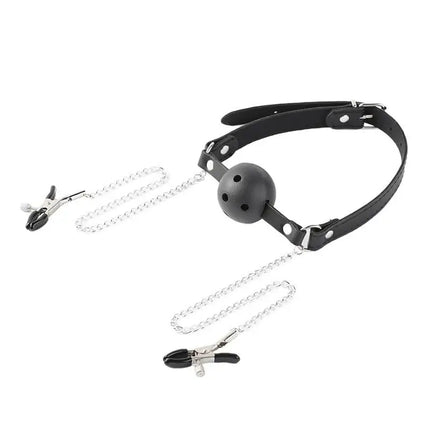 1Pc Erotic Toy PU Leather Mouth Gag Ball Oral Sex With Chain Clip Breast Nipple Clamps Bondage Harness Sex Toys Adult Games