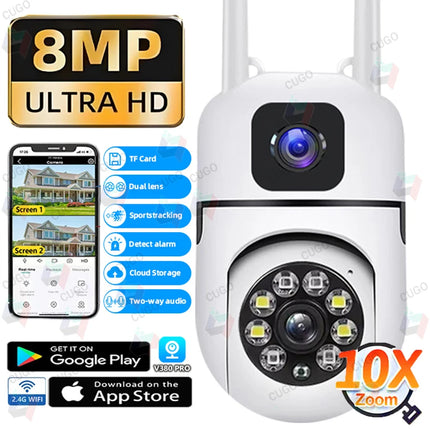 8MP WiFi Surveillance Camera Dual Lens PTZ IP Camera Wireless Security Two-Way Audio Human Detect Security 10X Zoom 5MP Camera