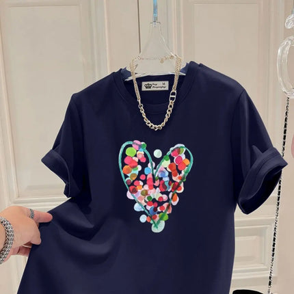 Summer Fashion Hand-Painted Polka Dot Printing T-shirts Women Pure Cotton O-neck Short Sleeve Top Tees Casual Loose Pullover