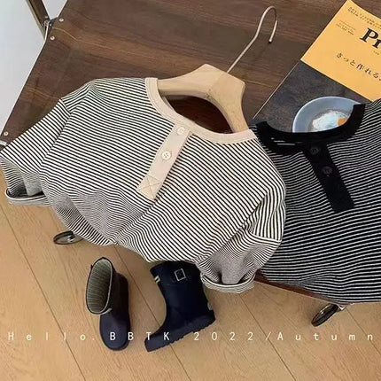 Children's Spring Autumn Long Sleeved T-shirt Boys Girls Korean Striped Children's Base Layer Shirt Baby Simple Top